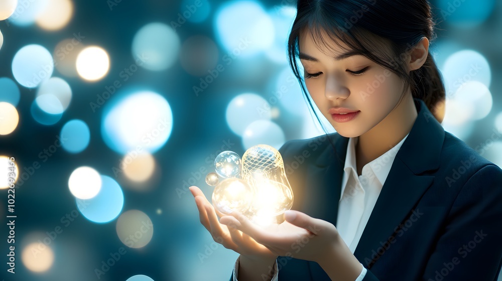 Naklejka premium A young woman in a suit gazes thoughtfully at shimmering lights in her hands, surrounded by a softly illuminated, dreamy background.