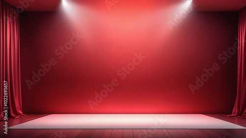 The striking red curtains surround the stage illuminated by spotlights, creating an attractive atmosphere. Give the product empty space for text. photo