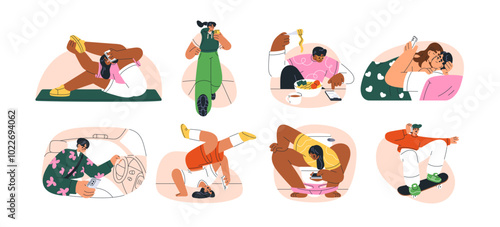 Gadget addiction concept. People using mobile phones, spending time online during eating, workout. Unhealthy bad habit. Digital device addicted. Flat vector illustration isolated on white background