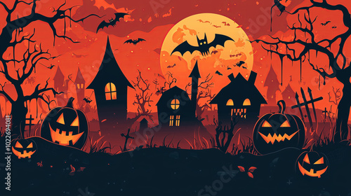 Spooky Halloween night with haunted houses, jack-o-lanterns and bats.