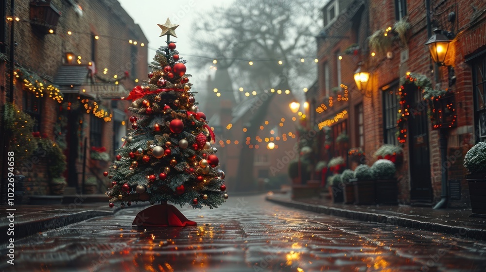 Twinkling lights illuminate a festive street with a decorated Christmas tree in the heart of winter cheer. Generative AI Twinkling lights illuminate a festive street with a decorated Christmas tree in the heart of winter cheer. Generative AI