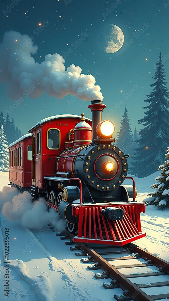 Fairy locomotive in holiday postcard style. Merry christmas and happy new year concept Fairy locomotive in holiday postcard style. Merry christmas and happy new year concept