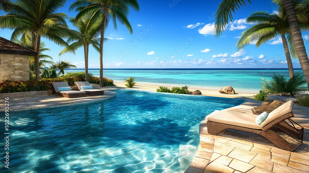 Fototapeta premium Tropical oasis with pool overlooking turquoise ocean and palm trees.