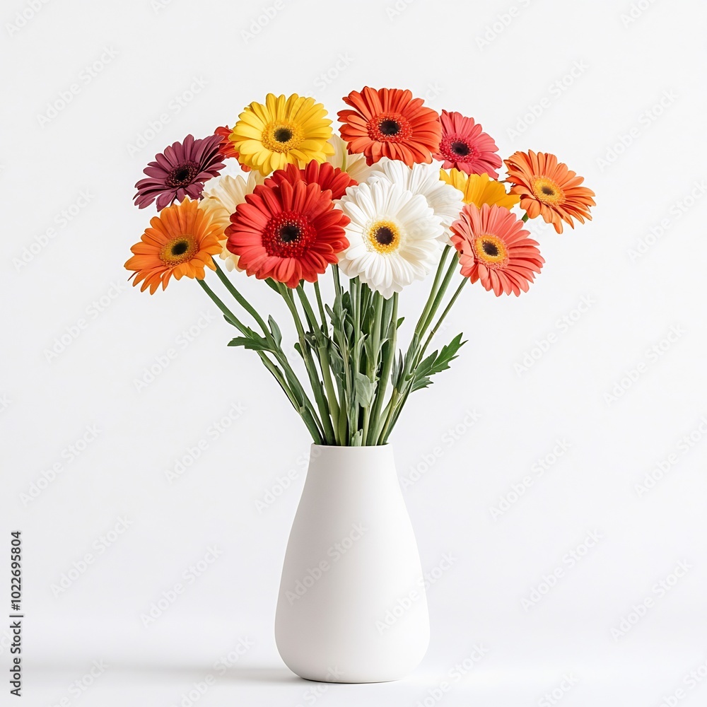 A bouquet of colorful gerberas in a matte white vase, mid-shot, with half of the vase visible, against a white background A bouquet of colorful gerberas in a matte white vase, mid-shot, with half of the vase visible, against a white background