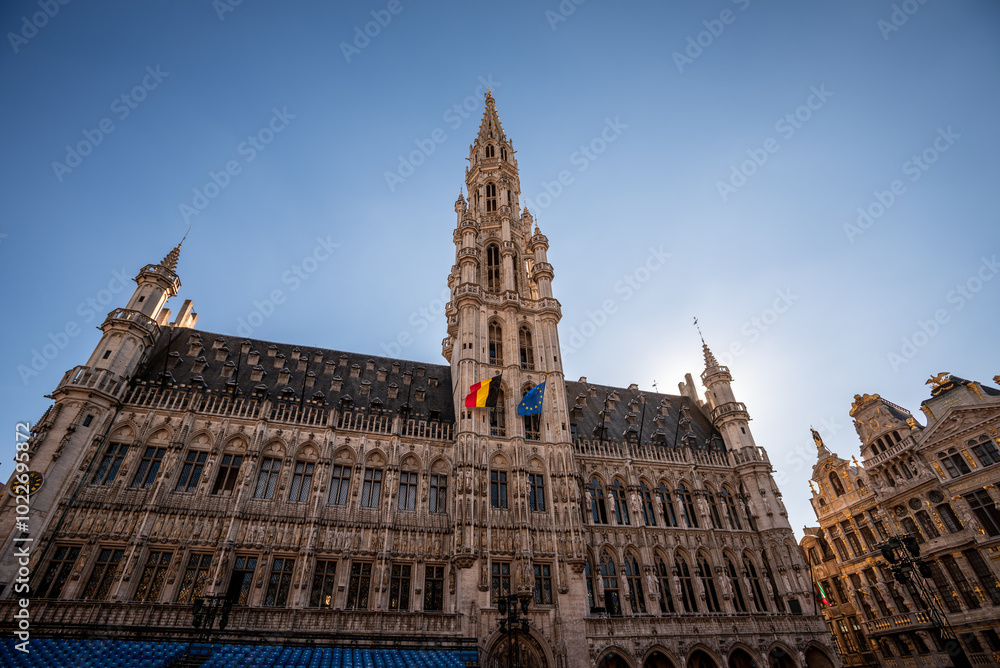 Fototapeta premium Brussels Town Hall at the Grand Place on a Sunny Day - Belgium