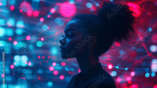 Silhouette of a woman with afro, looking away, in front of a glowing blue and red background.