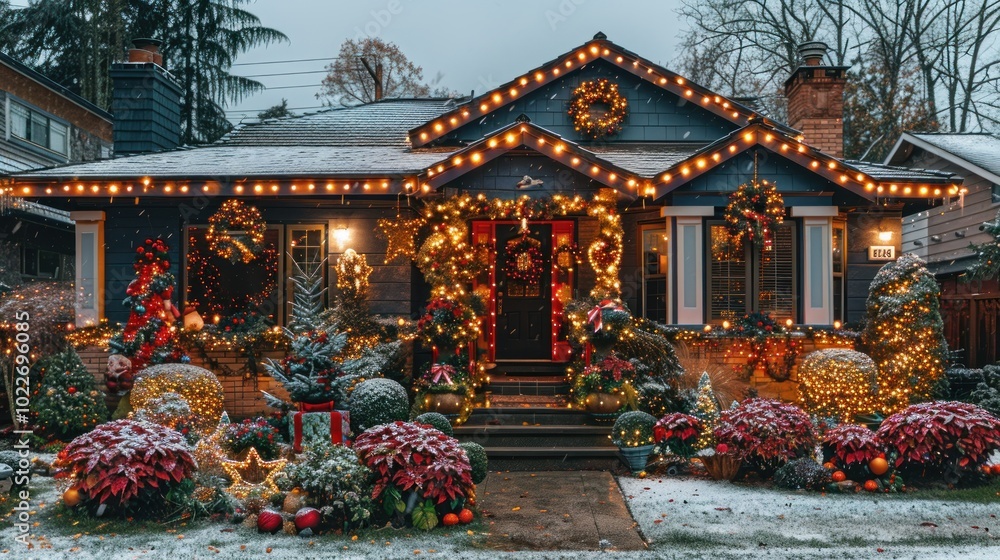 A beautifully decorated house in winter adorned with festive lights and holiday decorations during snowfall. Generative AI A beautifully decorated house in winter adorned with festive lights and holiday decorations during snowfall. Generative AI