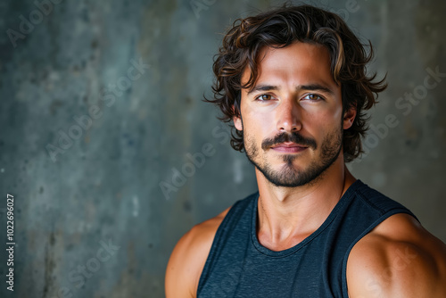 A man with long curly hair and a beard wearing a tank top