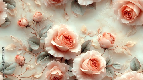 Soft pastel vintage floral motifs, light pink roses and peonies, intertwined with delicate leaves, arranged seamlessly in a repeating design, hd quality, intricate detailing, soft glowing light,