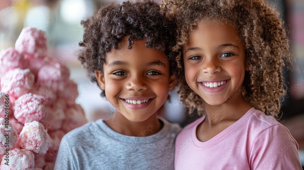 Two smiling children pose together in a colorful setting with sweet treats in the background. Two smiling children pose together in a colorful setting with sweet treats in the background.