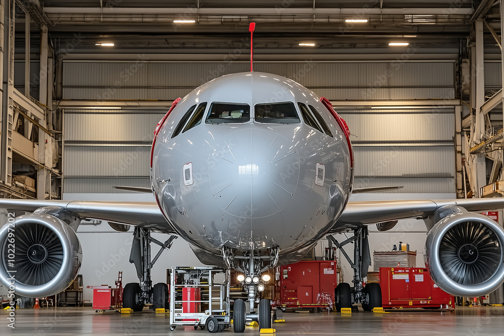 Front view of a silver airplane in a hangar. Front view of a silver airplane in a hangar.