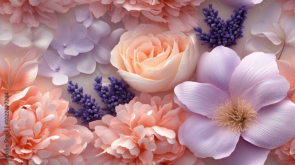 Soft peonies and lilies intertwined in pastel shades of pink and lavender, delicate petals with light reflections, seamless pattern with soft flowing lines, hd quality, dreamy atmosphere, Soft peonies and lilies intertwined in pastel shades of pink and lavender, delicate petals with light reflections, seamless pattern with soft flowing lines, hd quality, dreamy atmosphere,