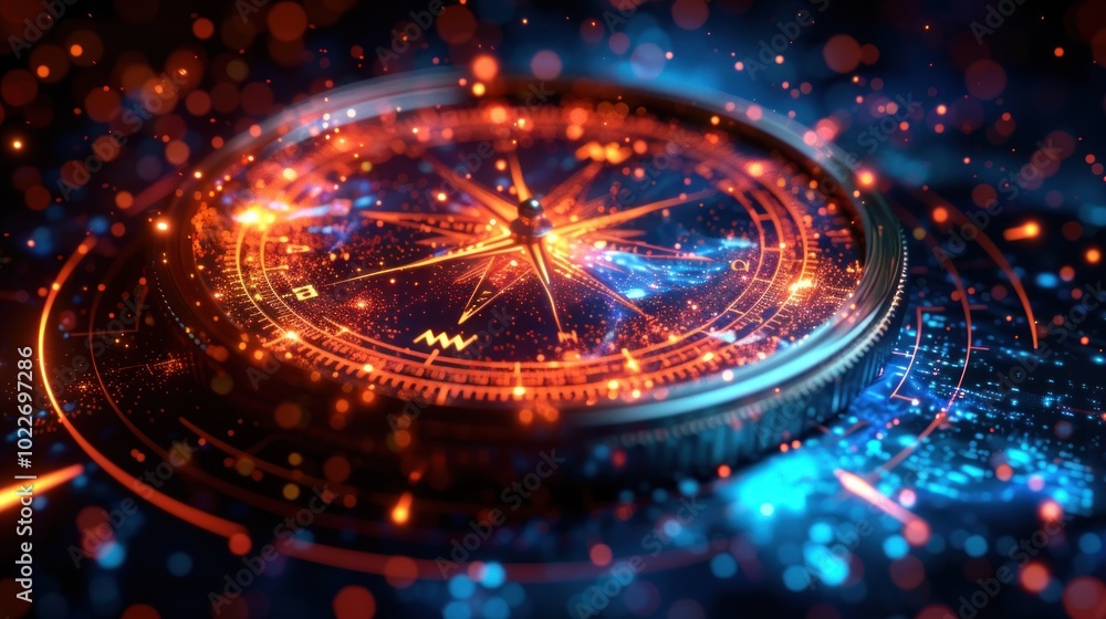 A vibrant compass glowing against a galaxy background, guiding wanderers through a cosmic journey at night. Generative AI A vibrant compass glowing against a galaxy background, guiding wanderers through a cosmic journey at night. Generative AI