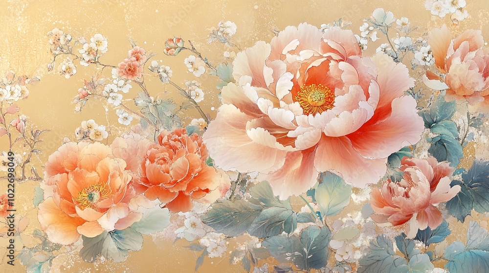 A beautiful floral painting featuring lush peonies and delicate blossoms against a soft, golden background. A beautiful floral painting featuring lush peonies and delicate blossoms against a soft, golden background.