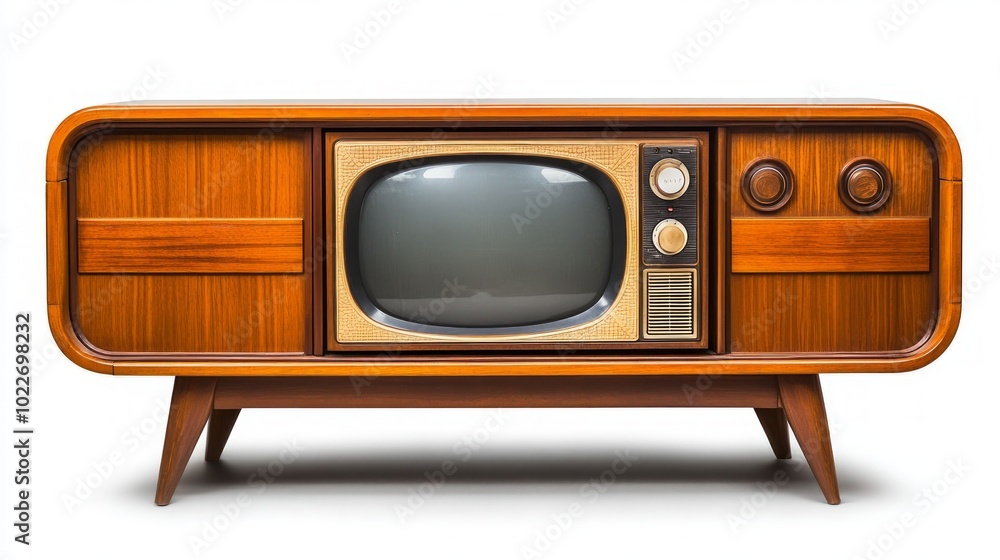 Obraz premium A vintage wooden television set with a black and white screen and chrome accents.