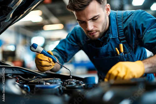 A man in a blue overalls and yellow gloves working on a car engine photo