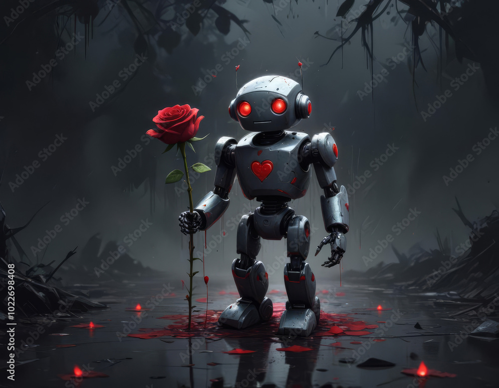 Cartoon robot with red rose on grey background Cartoon robot with red rose on grey background