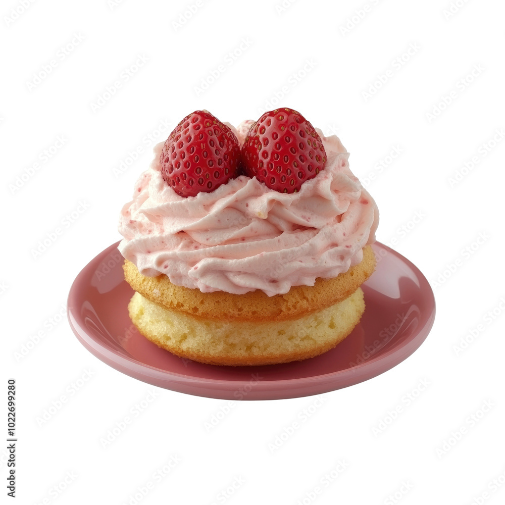 Strawberry Cake with Whipped Cream on Pink Plate Strawberry Cake with Whipped Cream on Pink Plate