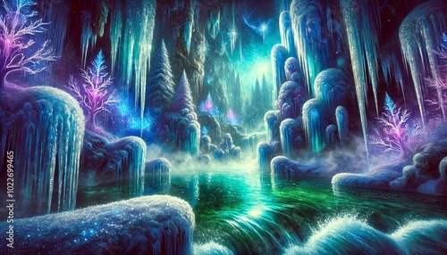 A mystical close-up view of a majestic icefall in a fantasy winter world, illuminated with deep blue, purple, and emerald green hues