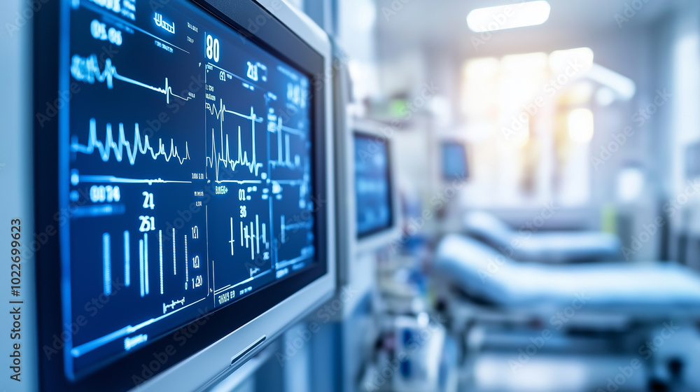 Hospital room with close up of vital sign monitor displaying heart rate. Hospital room with close up of vital sign monitor displaying heart rate.