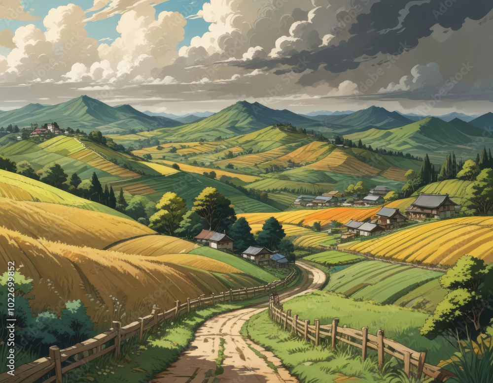Illustration of a summer landscape with a country road going through hills Illustration of a summer landscape with a country road going through hills