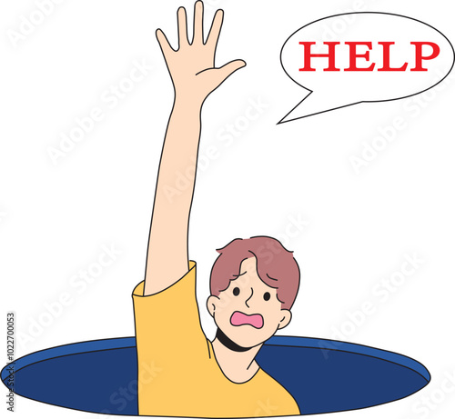 Helpless Man in a Hole Representing Depression and Anxiety. Man Experiencing Panic Attack and Helplessness Illustration. Mental Disorder Concept Man in Despair Raising Hand for Help.