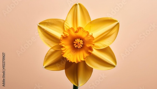 Close-Up of a Vibrant Yellow Daffodil with Textured Petals and Orange Trumpet on a Soft Peach Background photo