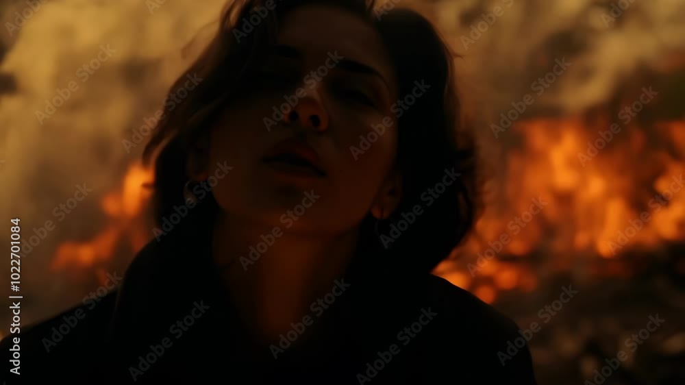 Confident woman in front of fiery flames symbolizing power and passion Confident woman in front of fiery flames symbolizing power and passion
