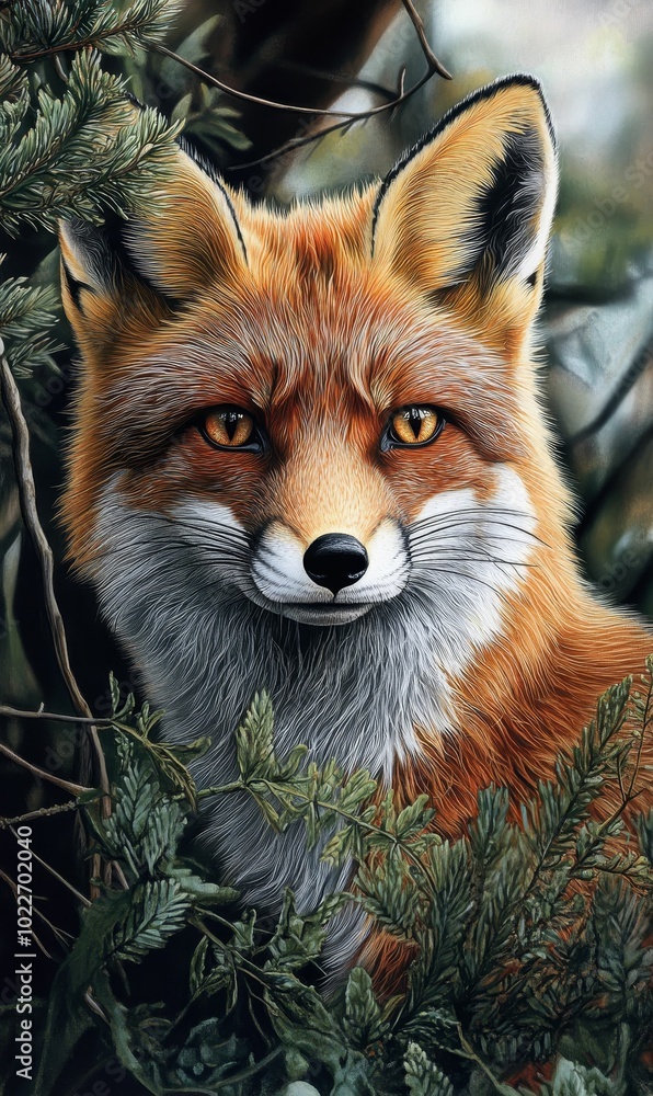 Red fox peering from forest foliage. Red fox peering from forest foliage.
