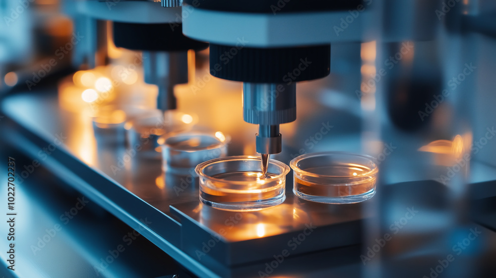Automated lab equipment dispensing liquid into petri dishes. Automated lab equipment dispensing liquid into petri dishes.