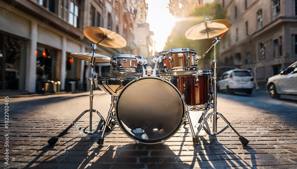 A crisp snare drum mounted on a drum kit in the street. A crisp snare drum mounted on a drum kit in the street.