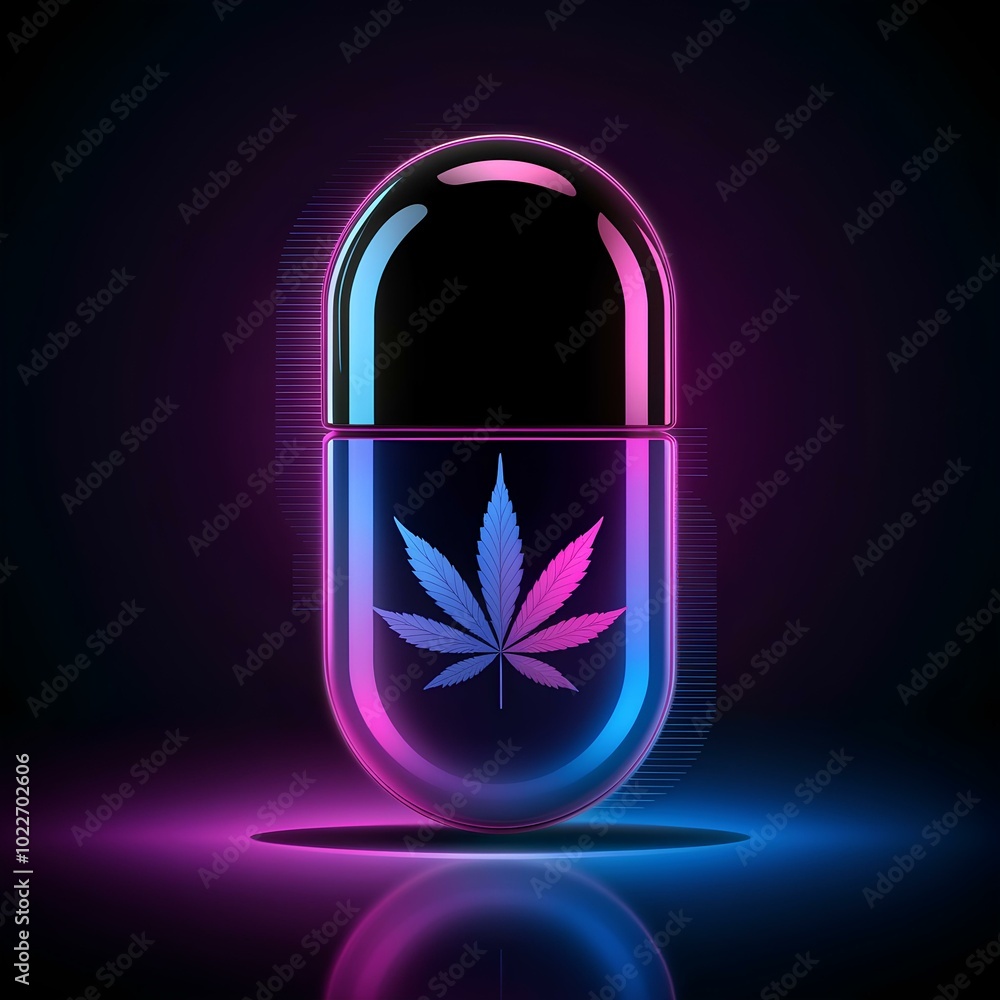 Stylish image of a capsule with a cannabis leaf on a purple background, illuminated with neon colors. For visualization of medical or recreational themes. Stylish image of a capsule with a cannabis leaf on a purple background, illuminated with neon colors. For visualization of medical or recreational themes.
