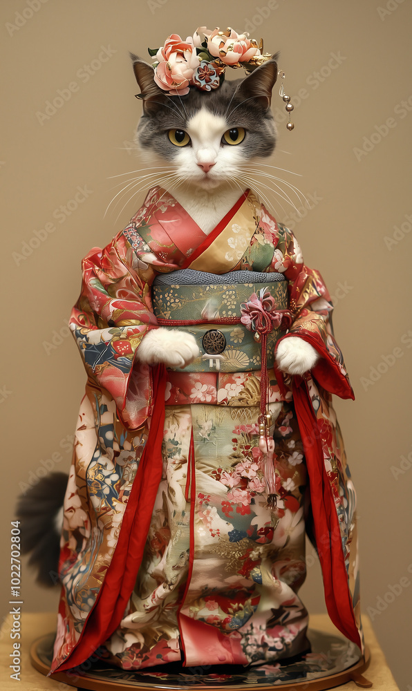 A cat dressed in a traditional Japanese kimono with flower headwear. A cat dressed in a traditional Japanese kimono with flower headwear.