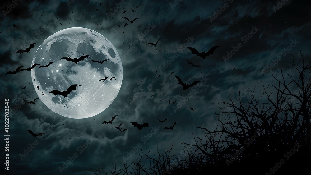 Fototapeta premium Bats Flying Across a Moonlit Sky: Eerie Silhouettes Create a Spooky Atmosphere