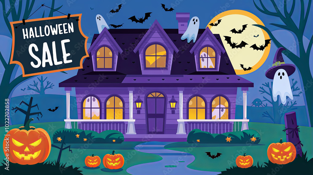 Haunted house with pumpkins and bats for Halloween sale. Haunted house with pumpkins and bats for Halloween sale.
