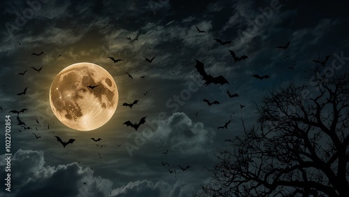 Bats Flying Across a Moonlit Sky: Eerie Silhouettes Create a Spooky Atmosphere photo