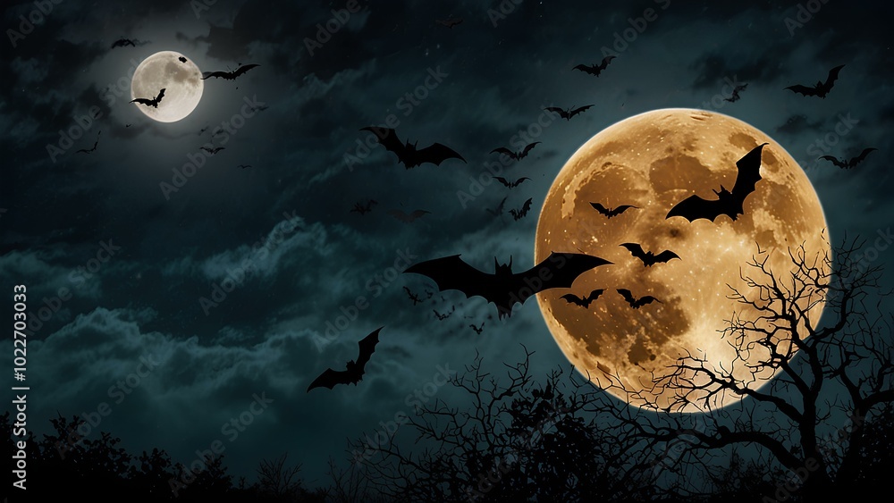 Bats Flying Across a Moonlit Sky: Eerie Silhouettes Create a Spooky Atmosphere Bats Flying Across a Moonlit Sky: Eerie Silhouettes Create a Spooky Atmosphere