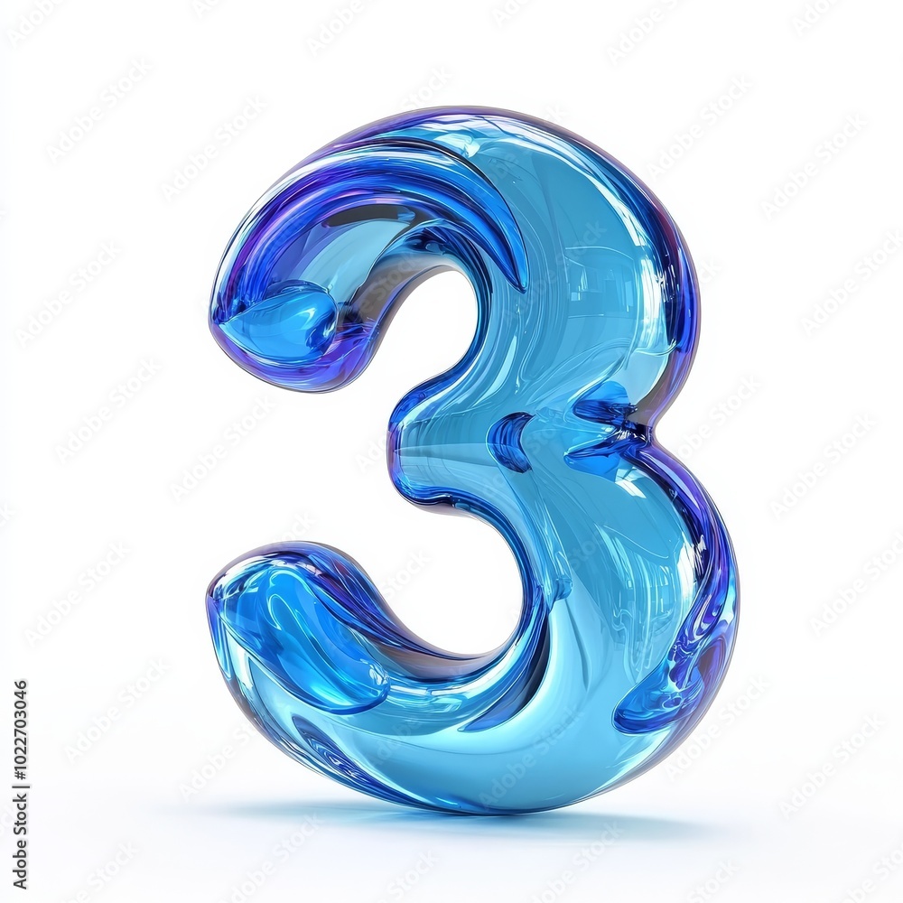 Stunning Glass Number Three in Vibrant Blue Reflects Light with Artistic Elegance in a Minimalistic Setting for Modern Aesthetics Stunning Glass Number Three in Vibrant Blue Reflects Light with Artistic Elegance in a Minimalistic Setting for Modern Aesthetics