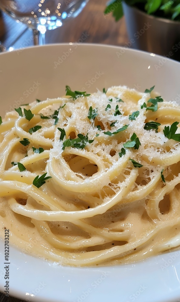 Creamy pasta with parmesan cheese and parsley. Creamy pasta with parmesan cheese and parsley.