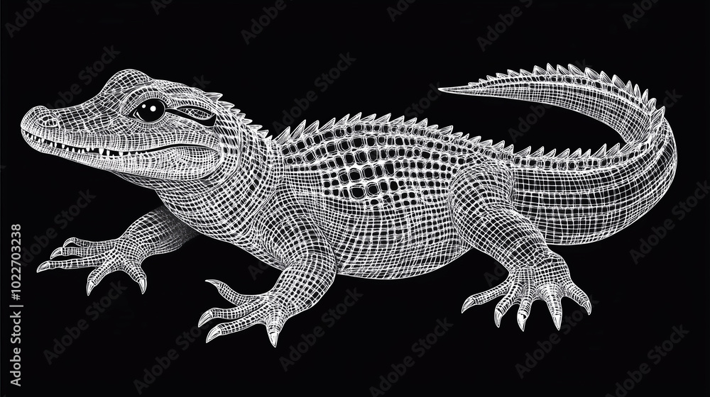 Naklejka premium Wireframe illustration of a crocodile against a black background.