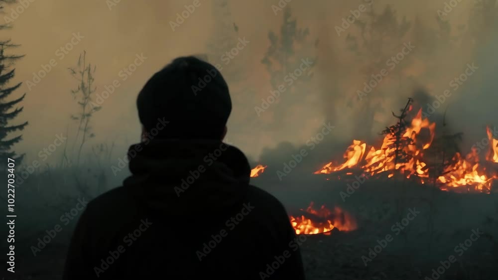 Silhouette of man watching forest fire in dense smoke at dusk Silhouette of man watching forest fire in dense smoke at dusk