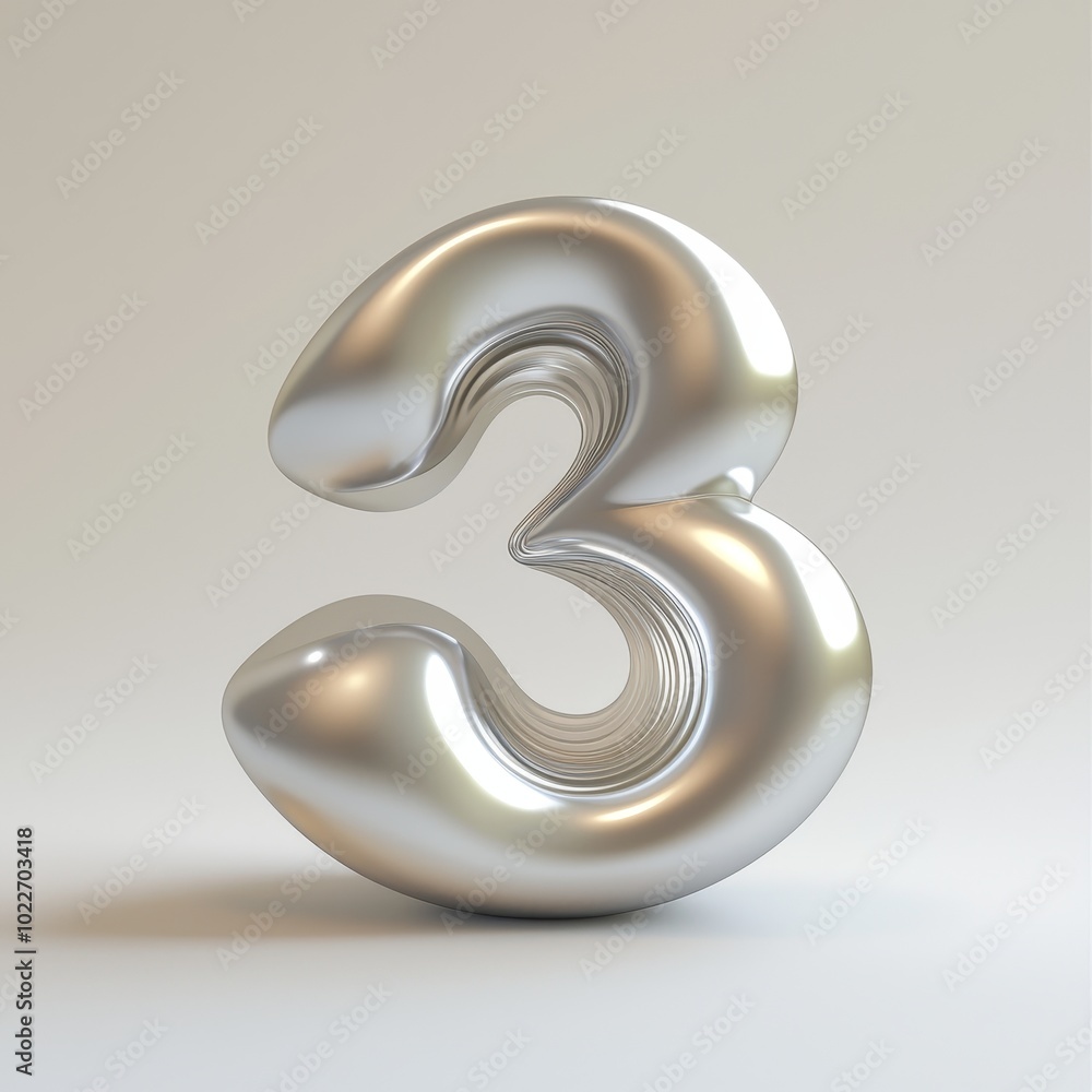 Elegant Curved Three: A Shiny 3D Representation of the Number Three Reflecting Light in a Minimalist Setting Elegant Curved Three: A Shiny 3D Representation of the Number Three Reflecting Light in a Minimalist Setting