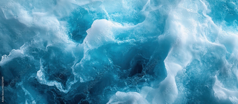 Abstract close-up of blue ice and snow, a view from inside an ice cave with light filtering through the ice.