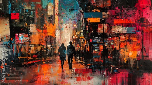 Abstract Cityscape Painting with Couple Walking Urban Art Night Street Digital Art Mod