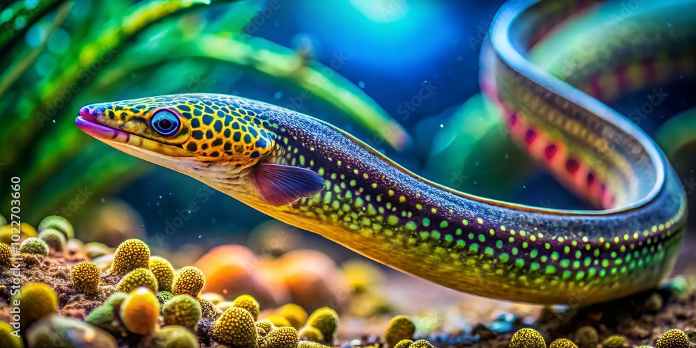 Bokeh Effect of Sharptail Eel Myrichthys breviceps in a Vibrant Underwater Scene Bokeh Effect of Sharptail Eel Myrichthys breviceps in a Vibrant Underwater Scene