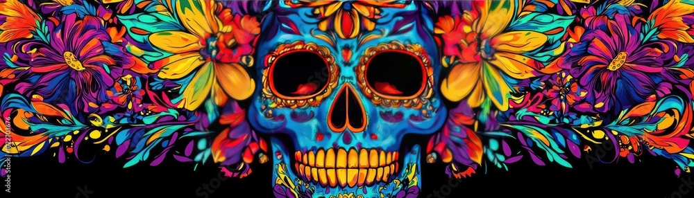 Vibrant sugar skull art featuring intricate floral patterns, perfect for celebrating Day of the Dead or adding color to any design. Vibrant sugar skull art featuring intricate floral patterns, perfect for celebrating Day of the Dead or adding color to any design.