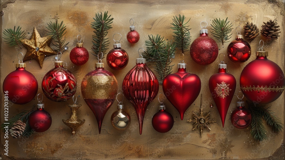 A festive collection of red Christmas ornaments and decorations arranged beautifully on a rustic table. Generative AI A festive collection of red Christmas ornaments and decorations arranged beautifully on a rustic table. Generative AI