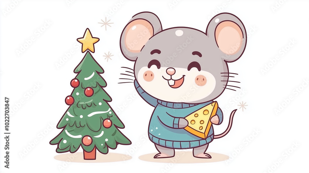 Smiling mouse in blue sweater holds cheese by Christmas tree. Smiling mouse in blue sweater holds cheese by Christmas tree.