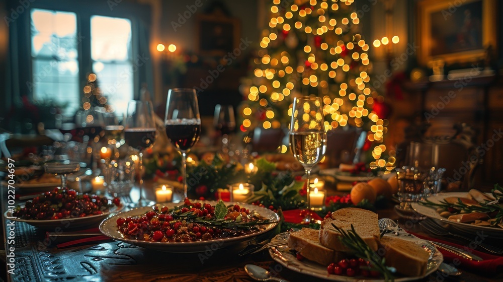 A festive holiday dinner table adorned with candles, wine, and cheerful decorations in a cozy setting. Generative AI A festive holiday dinner table adorned with candles, wine, and cheerful decorations in a cozy setting. Generative AI