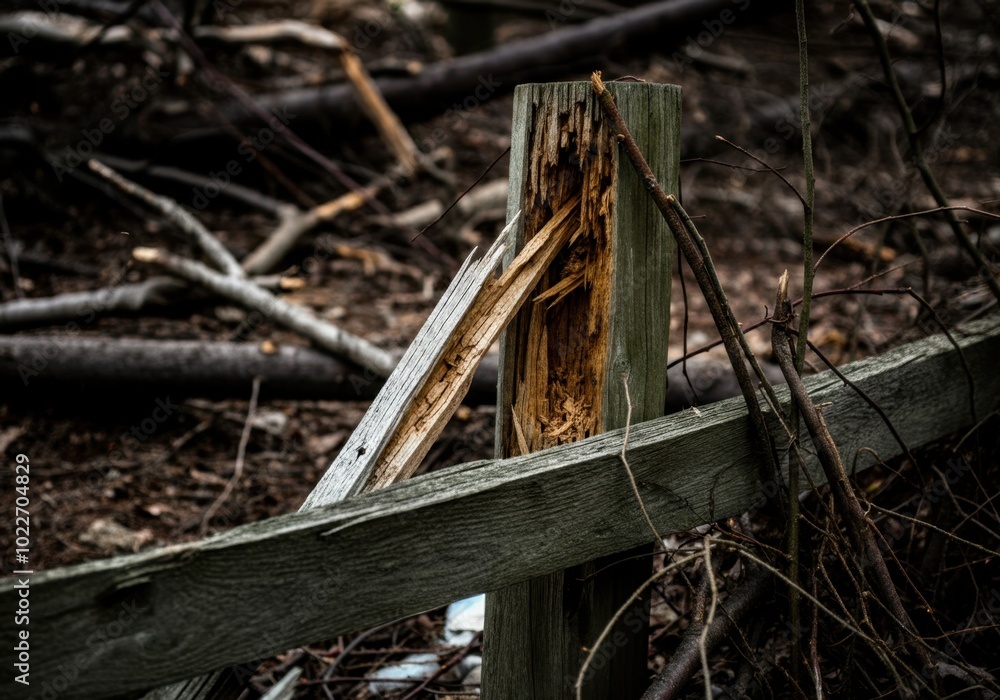 Obraz premium Broken fence post in a woodland setting depicting decay and nature's resilience